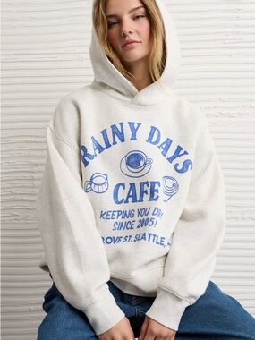 American Eagle Rainy Days Cafe Graphic Hoodie - Heather Gray Size Small